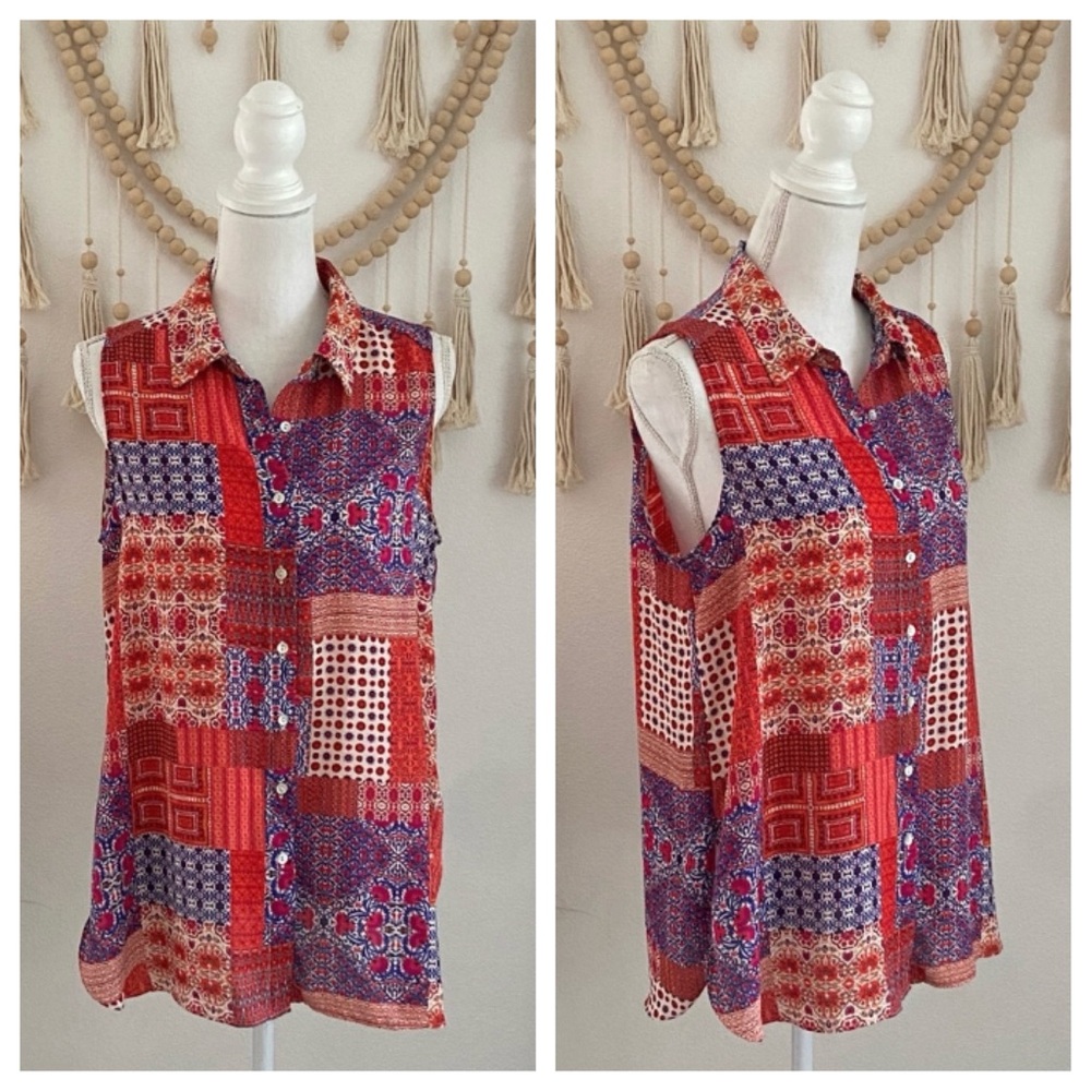 Rose + Olive bandana print sleeveless shirt button down tank top sheer chiffon L